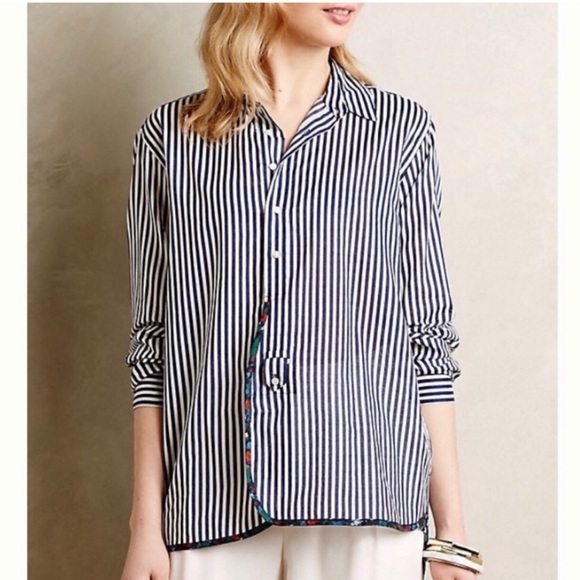 HOLDING HORSES Tops - Anthropologie HOLDING HORSES Navy & White Stripe/Floral Button Down Top